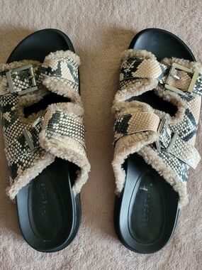 Aerosoles Faux-Snakeskin Shearling Slide Sandals - Beige/Black, Womens Size 11